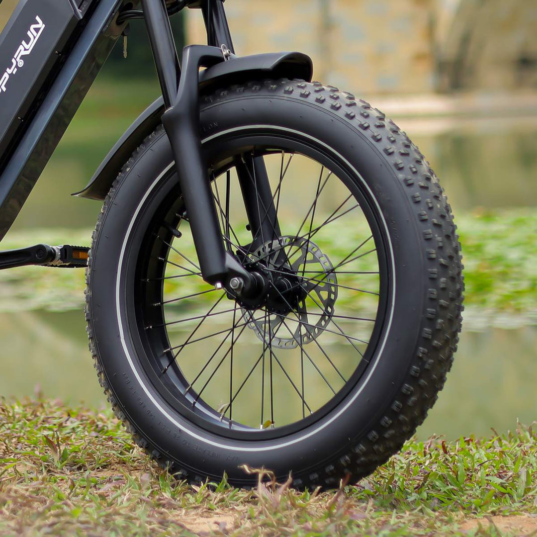 HappyRun G60 Pro moped-style electric bike fat tire detail